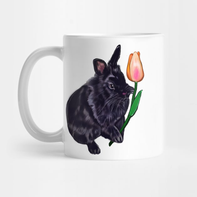 Cute black lionhead bunny rabbit with orange tulip -  Rabbits by Artonmytee